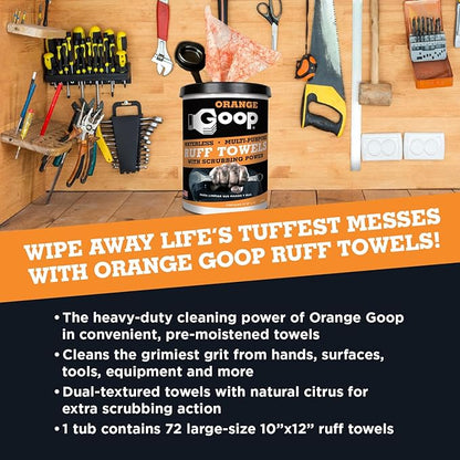 GOOP Orange Heavy Duty Ruff Towels with Scrubbing Power, 10” x 12” Dual Textured Multi-Purpose Cleaning Wipes, Removes Dirt, Grease, Oil, 72 Count