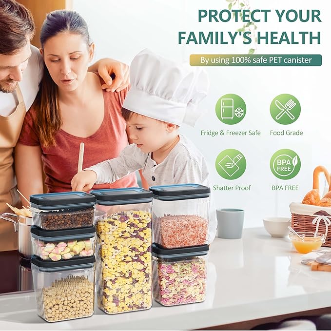 Flip-Lock Airtight Food Storage Containers 6-PC (0.6 Qt*2+1.6 Qt*3+3.4 Qt),Leakproof Ring Seal Top,Anti-Slip Pantry Canister for Flour Sugar,Coffee,Dog Food Treat,Rectangle Black