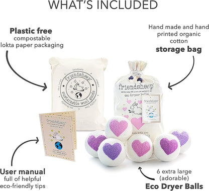 Friendsheep Organic Wool Dryer Balls Pink Purple Hearts 6 Pack XL Premium Reusable Cruelty Free Handmade Fair Trade No Lint Fabric Softener - Lovely Day