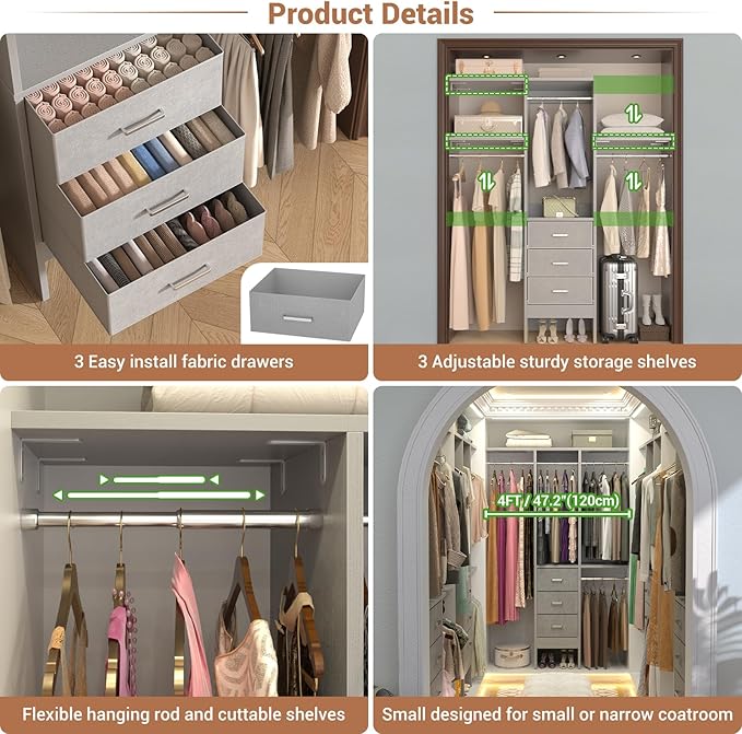 4FT Small Closet System with 3 Fabric Drawers, 48'' Closet Organizer System With 3 Adjustable Shelves, Flexible Built-In Clothes Garment Rack for Small Space, 48" L x 13" W x 71" H, Grey