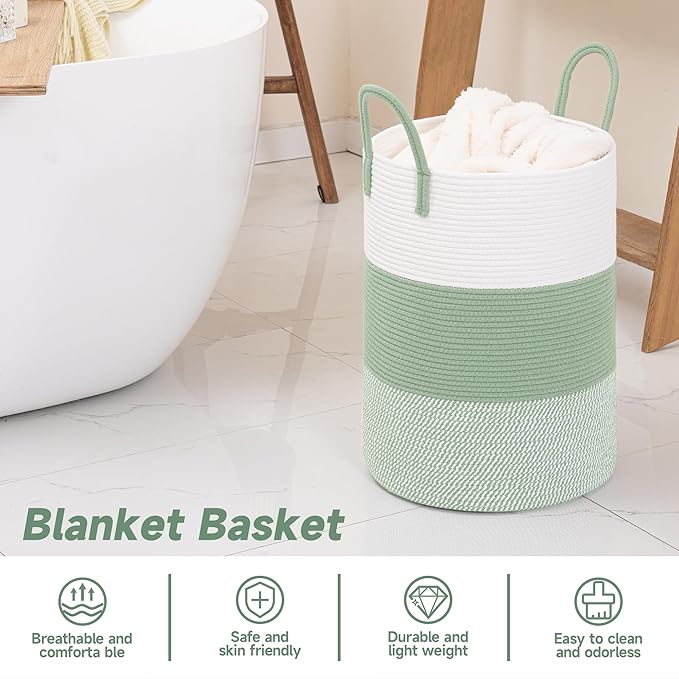 CLHMILY&Z 40L Laundry Basket Round Storage Rope Basket - 13x18 Inches - Green Hamper in Bedreoom and Cute Storage Bin for Blankets, Toys, and Nursery Essentials