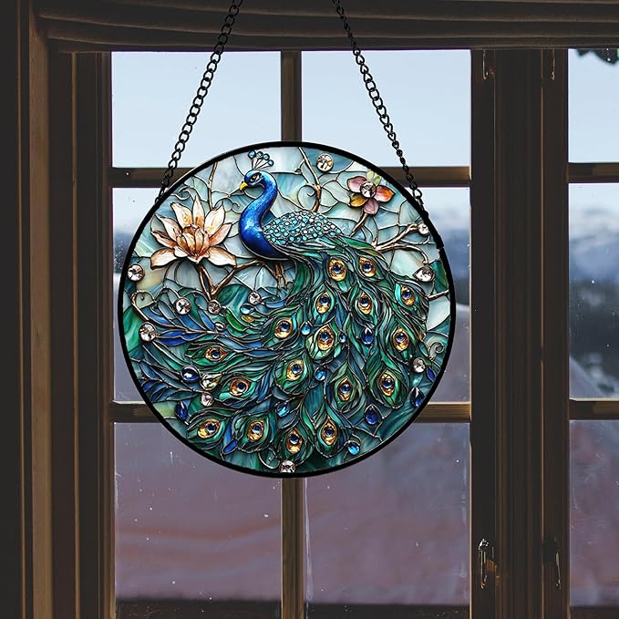 Stained Glass Window Hanging, Blue Peacock Decoration Suncatcher for Door Garden Home Flower Bird Sun Catchers Christmas Mother's Day Birthday Gifts for Women Men Mom Nana Friend 14.9 in