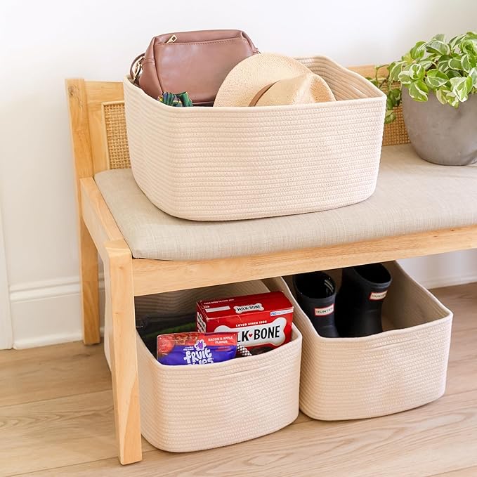 NaturalCozy Storage Baskets 16.8”x13”x7.6” Cotton Rope Woven Baskets for Organizing 3-Pack | Toy Storage Bins | Basket for Shelves, Laundry, Blanket, Clothes, Closet, Kitchen, Bathroom, Gifts