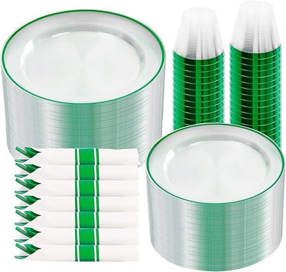 SUT 350 Pcs Green and Clear Plastic Dinnerware Set