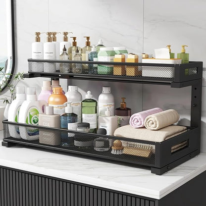 2 Pack 20.47IN Depth Under Sink Storage Organizer, Large 2-Tier Elegant Mesh Pull Out Shelf for Kitchen and Bathroom Cabinet Organization, L-Shaped and Adjustable Height Design-Black