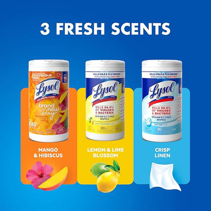 Lysol Disinfectant Wipes Bundle, Dorm Room Essentials, Multi-Surface Cleaning Wipes, For Disinfecting & Cleaning, Lemon & Lime Blossom, Crisp Linen, Mango & Hibiscus, 3x80 ct