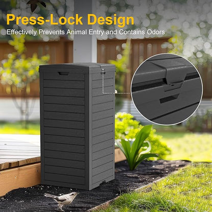 Outdoor Trash Can Waterproof Resin Garbage Bin, 31 Gallon with Tiered Lid and Drip Tray, for Patio, Backyard, Deck（Grey）, Gray