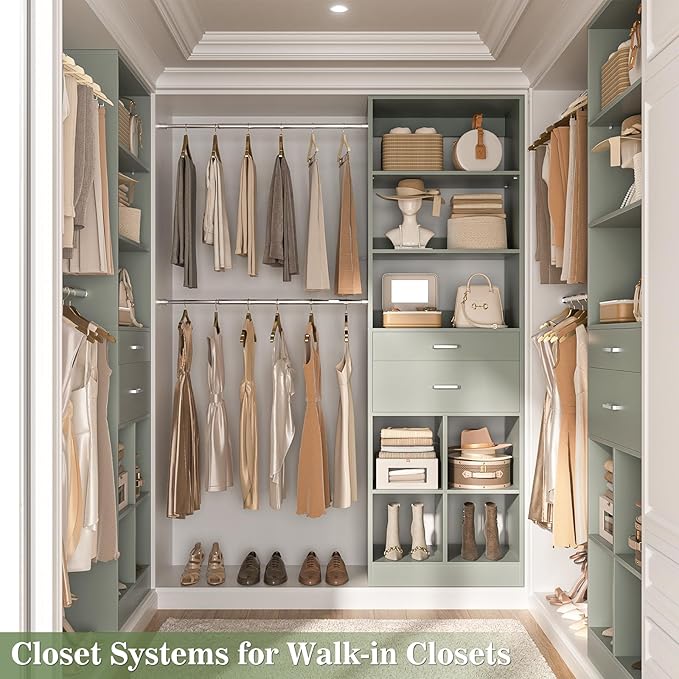 Closet System, 4-8 FT Closet Organizer Tower with 2 Wooden Drawers and Shelves, Can Fit 60 to 96 inch Walk-in Closet System with 5 Hang Rods, Built-in, Crab Green