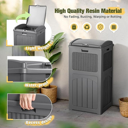 Devoko 33 Gallon Outdoor Trash Can with Dual Lid, Heavy Duty Waterproof Resin Garbage Bins Outside, Hideaway Waste Bins for Patio, Outside Pool, Backyard and Deck (2, Gray)