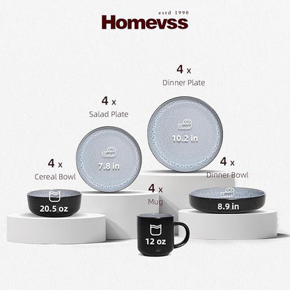 HomeVss 20-Piece Dinnerware Set - Serves 4, Reactive Glaze Bubble Frost Plates & Bowls Set | Microwave & Dishwasher Safe Dishes Set