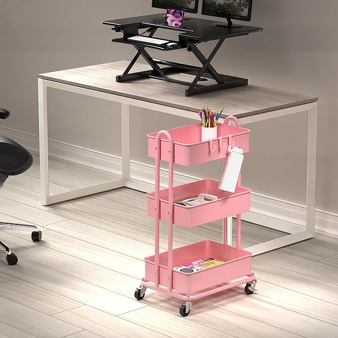 Simple Houseware 3-Tier Heavy Duty Metal Utility Rolling Cart, Pink