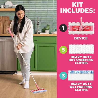 Swiffer Sweep and Mop Deluxe, Limited Edition Pink Wicked: for Good, 2-in-1 Floor Mopping and Sweeping Kit, 1 Sweeper Device, 5 Heavy Duty Dry Sweeping Cloths, 3 Heavy Duty Wet Mopping Cloths
