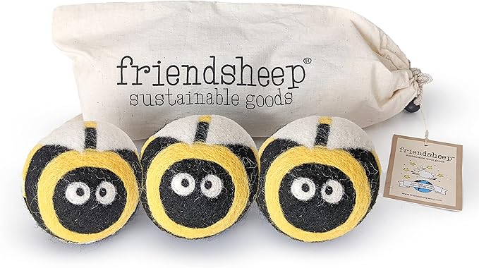 Friendsheep Wool Dryer Balls, Organic Reusable Fabric Softener Alternative for Laundry, Handmade, Fair Trade, Hypoallergenic, Eco-Friendly, Plastic-Free (3 Pack XL – Honey Bee)