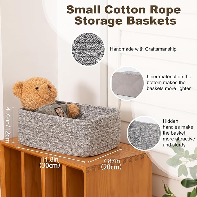 3 Pack Small Storage Baskets for Organizing, Cute Woven Decorative Gift Baskets for Shelves, Mini Closet Organizer Bins with Handles, 11.81''Lx7.87''Wx4.72''H-Grey
