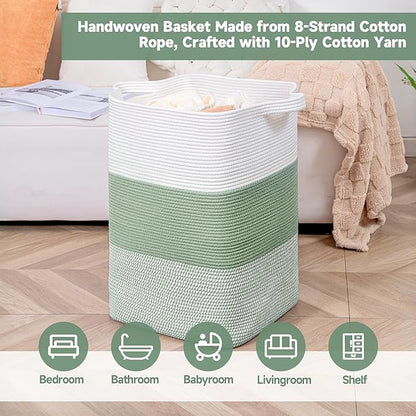 CLHMILY&Z 95L Laundry Basket Rectangular Green Rope - 16x15x24 Inches - Dirty Clothes and Soft Storage Bin for Blankets, Toys, and Nursery Essentials