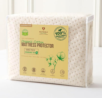 Luxury Waterproof Organic Mattress Protector Calif King - Organic Cotton Breathable Mattress Pad Cover - New 380 GSM Comfort - Deep Pocket - Jersey Cotton Skirt - Fitted Comfort