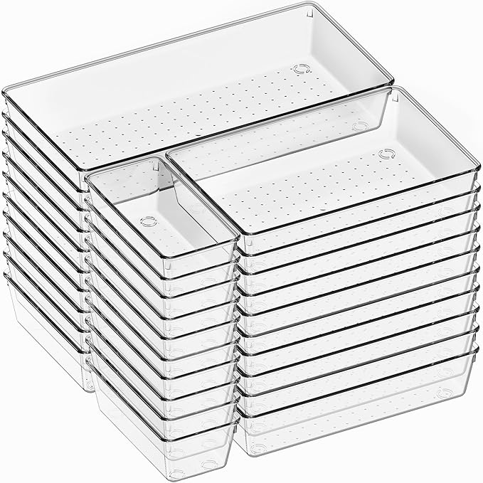 Criusia 30 Pack Large Clear Plastic Drawer Organizer Bins - Acrylic Kitchen Drawer Organization and Storage Dividers for Utensils Gadgets, Office Bathroom and Vanity Organizer for Makeup Accessoires