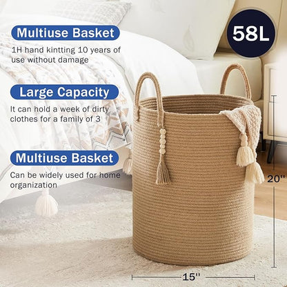 Jute Woven Rope Laundry Hamper, Tall Laundry Basket for Blanket Storage, Large Dirty Clothes Hamper for Toys, Decorative Baby Nursery Hamper for Bedroom, Living Room - Jute Brown, 58L