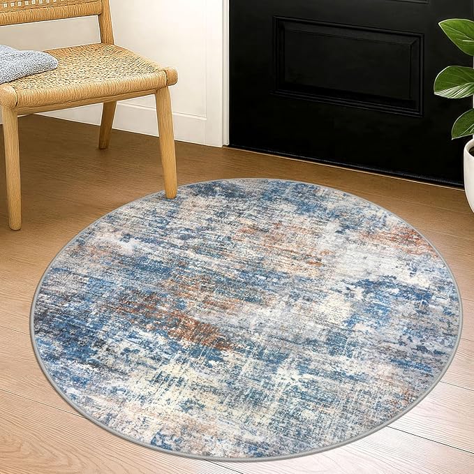 IOHOUZE Round Area Rug 3 Ft Circle Entryway Rugs Round Washable Door Mat Indoor Entrance, Non Slip Circle Front Door Rug, Printed Abstract Faux Wool Floor Carpet for Foyer Porch Sink, Blue Rust
