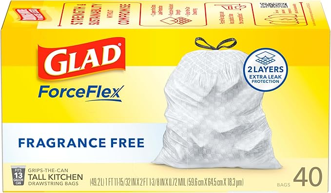 Glad ForceFlex Tall Kitchen Drawstring Trash Bags, 13 Gal, Fragrance Free, 40 Ct (Package May Vary)