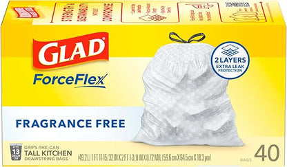 Glad ForceFlex Tall Kitchen Drawstring Trash Bags, 13 Gal, Fragrance Free, 40 Ct (Package May Vary)