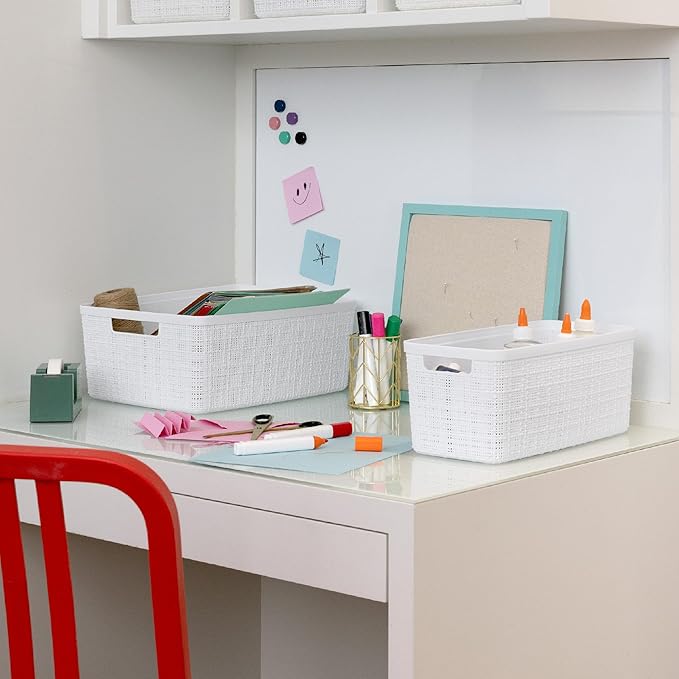 Curver Jute Decorative Plastic Organization and Storage Basket Perfect Bins for Home Office, Closet Shelves, Kitchen Pantry and All Bedroom Essentials, Slim, White, Set of 8