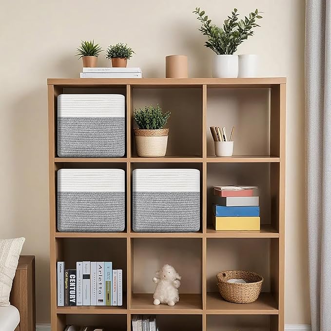 3 Pack Storage Cubes 11 Inch Cotton Rope Woven Baskets for Organizing Cube Bin Square Shelves Organizer,Classroom,Kids Toy Bins,Closet,Baby Nursery(Grey)
