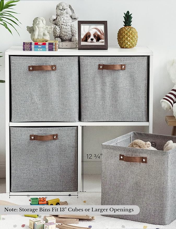 StorageWorks 13x13 Inches Storage Cube, Fabric Storage Bins with PU Handles, Collapsible Organizer Baskets for Closet, Gray, 4-Pack