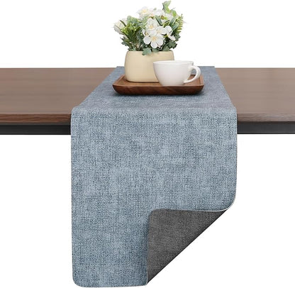 Table Runners 55 Inches Long, Dual-Sided Faux Leather Farmhouse Table Runner Waterproof Heatproof Non-Slip for Living Room Party Home Decor Holiday Decorations(Gray Light Blue, 12 x 55 Inch)