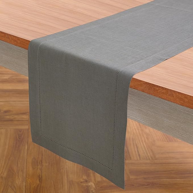 Solino Home Linen Steel Gray Hemstitch Table Runner 60 Inches - 100% Pure Linen Small Table Runner 14 x 60 Inch Ideal for Dresser and Coffee Tables - Classic Hemstitch