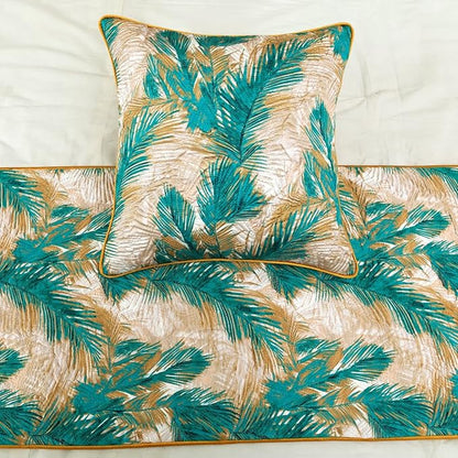 The HomeCentric King/Queen/Twin Green Decorative Twin 53"x18" Bed Runner with 2 Pillow Cover, Plam Leaves & Quilted Bed Scarf on Satin Fabric - Palms