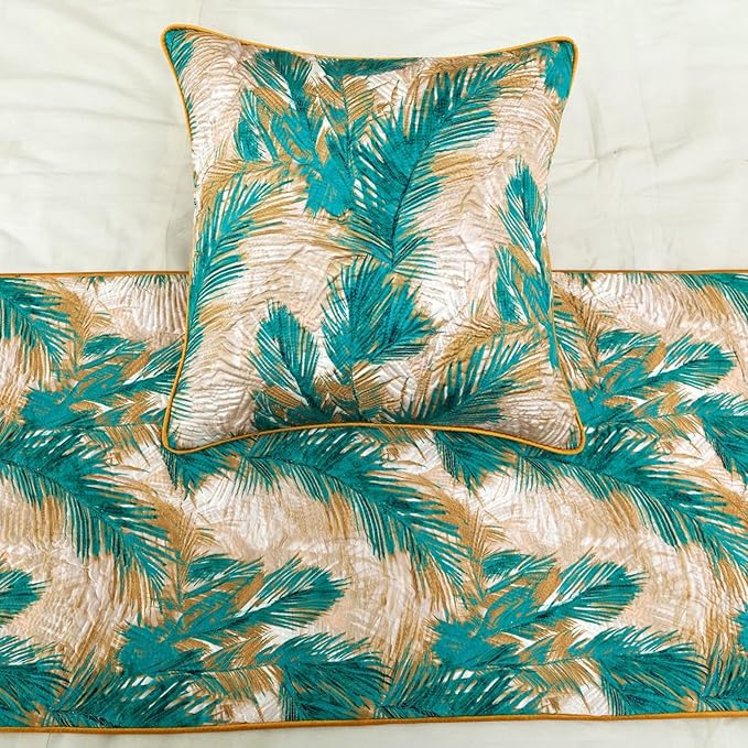 The HomeCentric King/Queen/Twin Green Decorative Queen 74"x18" Bed Runner with Pillow Cover, Plam Leaves & Quilted Bed Scarf on Satin Fabric - Palms