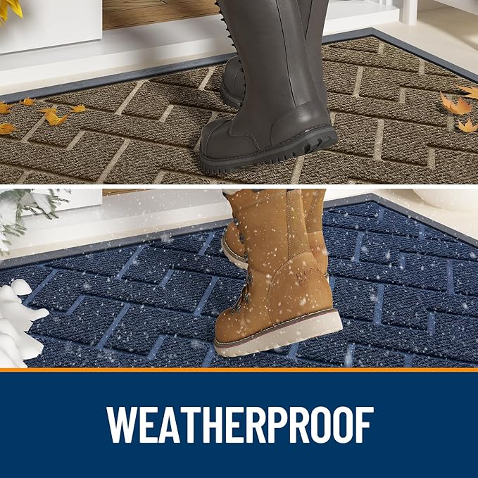 OLANLY Front Door Mat Indoor Outdoor Entrance, Waterproof All-Season, All-Weather Doormat, Sturdy Natural Rubber, Low Profile, Easy Clean Patio Porch Entryway Mat, Herringbone Brick (Blue, 47x23)