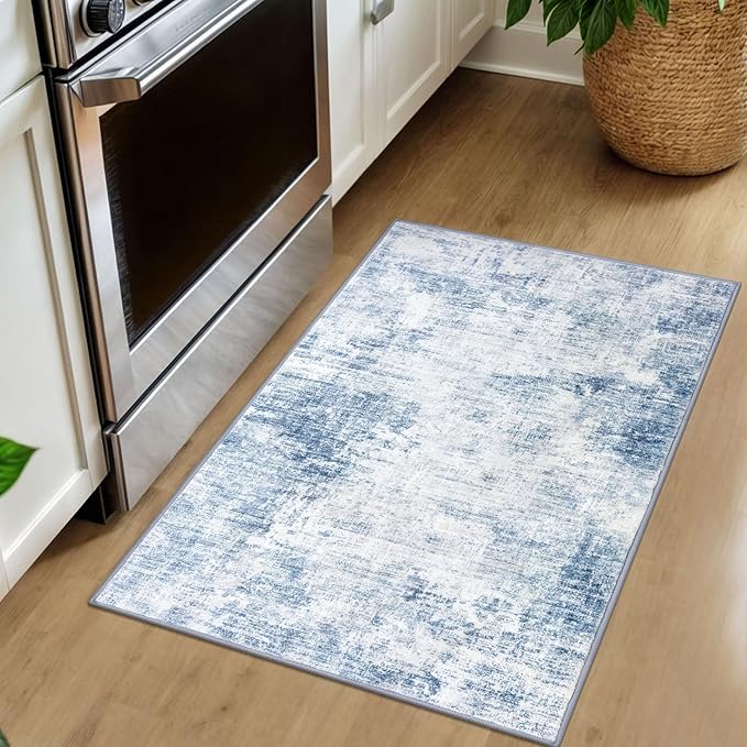 IOHOUZE Small Abstract Area Rug 2x3 Ft Entryway Rugs Washable Door Mat Indoor Entrance, Rubber Backed Throw Rugs, Printed Non Slip Floor Carpet for Foyer Front Door Sink, Light Blue White