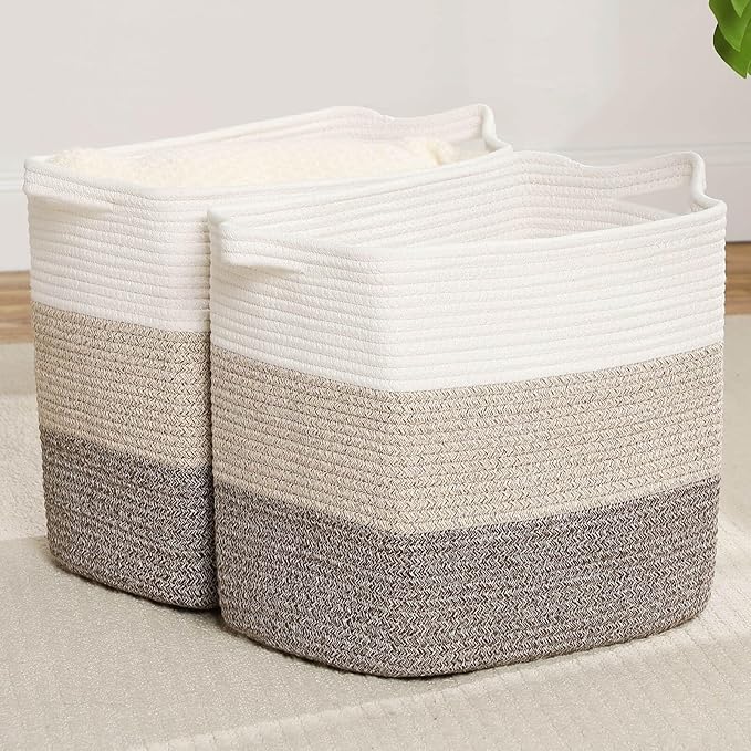 Medium and Large Woven Basket//With Handle, Used for Toys and Fabric Storage Basket used for Storing xl Storage Box, Decorative Storage Box Room 2pack (14L*12H Gradient Brown, 14L*10W*12H)