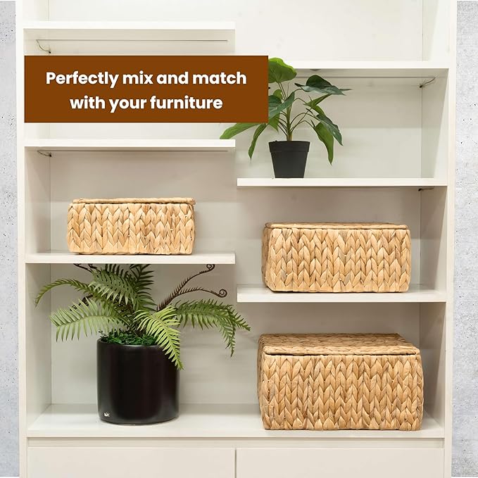 Wicker Storage Baskets with Lid, Set 3 Basket With Lid Decorative Storage Rectangle Wicker Storage Basket Large Rattan Storage Box Hyacinth Baskets