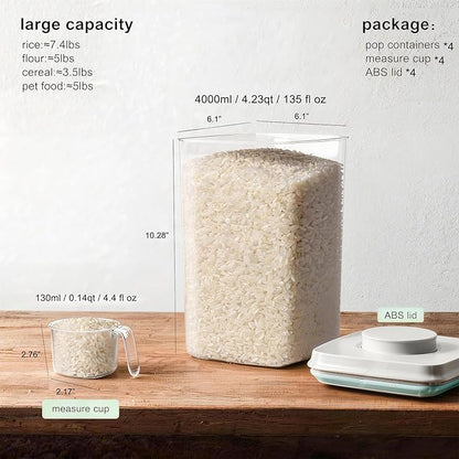 Pop Food Storage Container Airtight Rice Containers with Pop Lid & 130ml Scoop, 4L / 4.2QT *4Pcs BPA-Free Cereal, Flour, Pasta & Snack Container for Kitchen Pantry Organizer