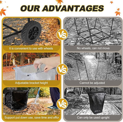Heavy Duty Portable Trash Bag Holder with Wheel, Adjustable 30-45 Gallon Outdoor Leaf Bag Stand, Durable Trash Bag Rack, for Yard, Lawn Cleanup, Gardening, Camping & Parties