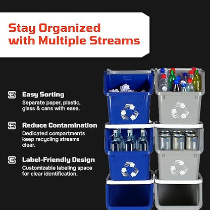 Multi Recycling Bin System with Three Stacking 6 Gallon Bins with Carrying Handles, Stackable and Compact for Offices, Homes, Garages, Businesses - (Green, 3 Pack)