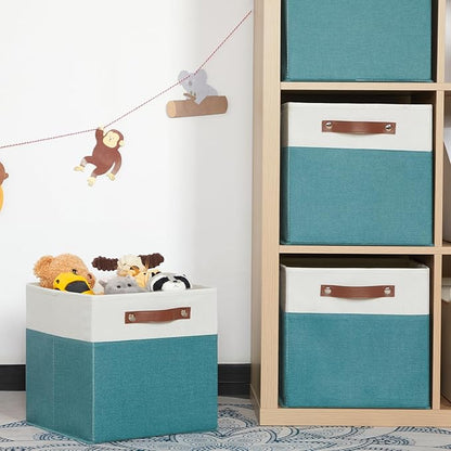 HNZIGE Storage Cubes Bins for Organization Set of 4, Fabric Storage Cube 12 x12, Collapsible Storage Bins Basket Cube with Handles, Canvas for Organizing Shelf Home Nursery(Teal White)