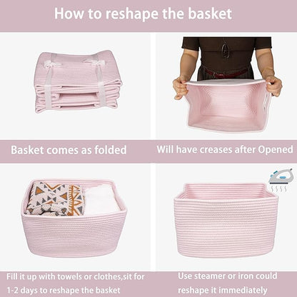 Cotton Rope storage Basket Bins Woven Basket for Organizing Shelves Rectangle Decorative Baskets For storage Clothes Toys Books Towels Square Wicker Nursery basket organizer 3 pack light pink