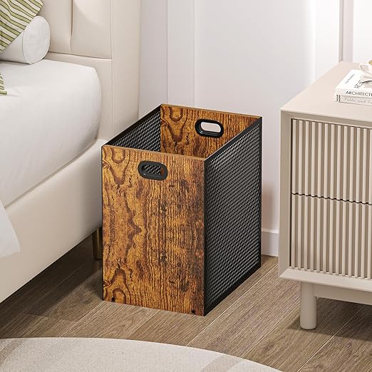 Retro Office Trash Can, Iron and Wood Combination Bedroom Garbage Can, Rectangular Design Wastebasket with Handle, Industrial Style Trash Can for Home Office, 11.02" X 7.87" X 11.81" 4.5 Gallon (2)
