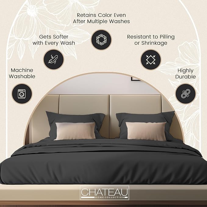 100% Organic Cotton Twin Sheets Set, 300TC Sateen Weave 3 PC Twin Bed Sheets, Fully Elasticated Sheet & Pillowcase Sets, Soft & Comfy No Lint Machine Washable Grey Sheet, Fade Resistant – Charcoal
