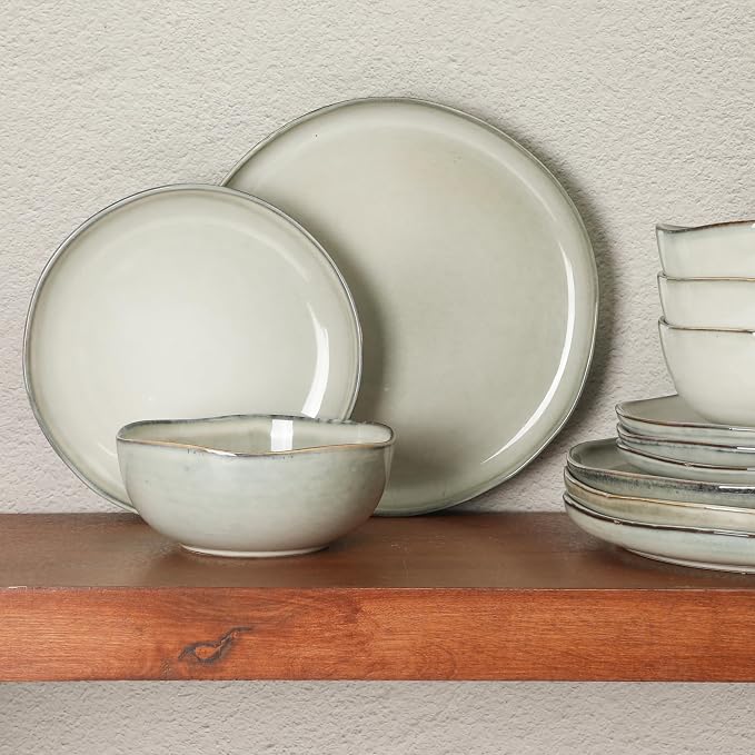 Gibson Elite Nardini 12 Piece Plates and Bowls Reactive Glaze Dishes Stoneware