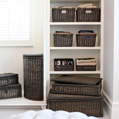 The Basket Lady Pole Handle Wicker Storage Basket, Medium, 16 in L x 12 in W x 8.25 in H, Antique Walnut Brown