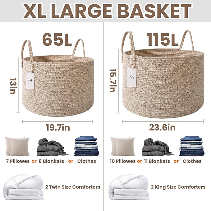 Woven Blanket Basket,115L Large Rope Storage Bin with Handles, Organizer for Blankets Toys Book and Clothes, Laundry Basket for Living Room Bedroom Nursery,Oatmeal