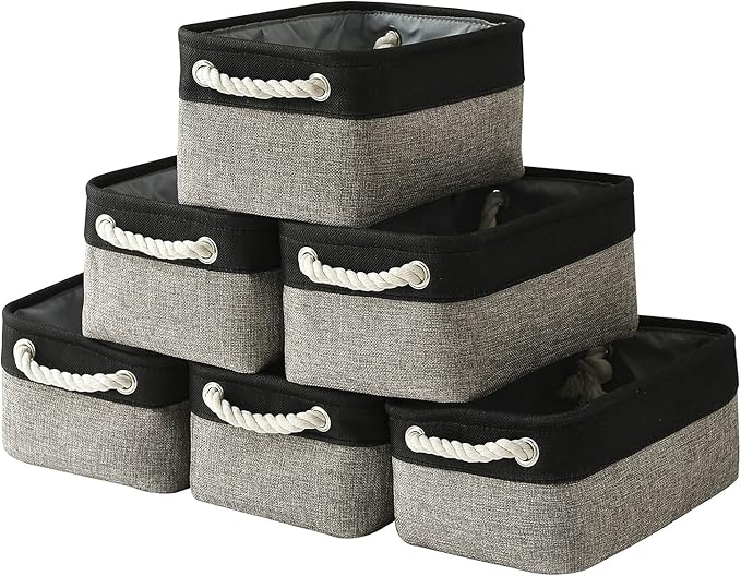 TcaFmac Storage Basket for Shelves - Small 6 Pack Fabric Storage Bins for Organizing, Collapsible Storage Cubes with Handle for Closet Cloth Toy Gift Kids (Black & Grey 11.8 x 7.8 x 5.2 inch)