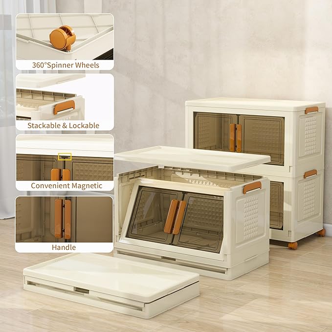 Plastic Stackable Storage Bins with Lids and Wheels, Closet Organizers and Storage Containers for Bathroom, Collapsible Clear Drawer Storage Cabinet with Doors 38Gal 2Tiers