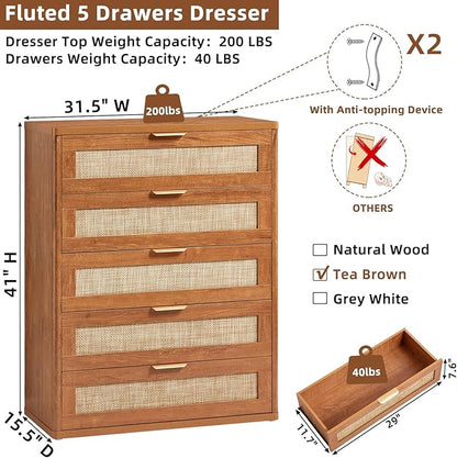 LEYAOYAO Dresser for Bedroom, 41" Tall Chest of Drawers, Modern 5 Drawers Boho Rattan Dressers with Storage, Dresser Wooden Closet Organizer for Living Room, Hallway, Tea Brown
