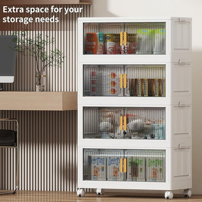80Gal Stackable Plastic Storage Bins with Lids, Collapsible Closet Organizers and Storage with Wheels for Living Room,Office,Dorm 26.8" W x 14.4" D x 48.6" H, 4 Tier